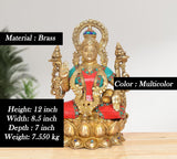 Lakshmi brass idol with red and teal sari, gold-toned hands, seated base, 12 in