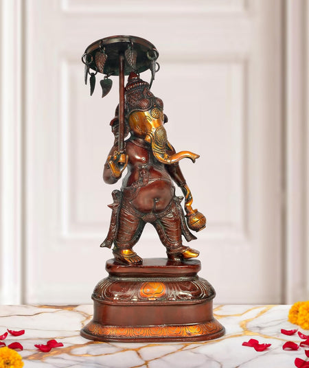 Brass Ganesha Holding Parasol in One Hand Sculpture (Height: 15 Inch)