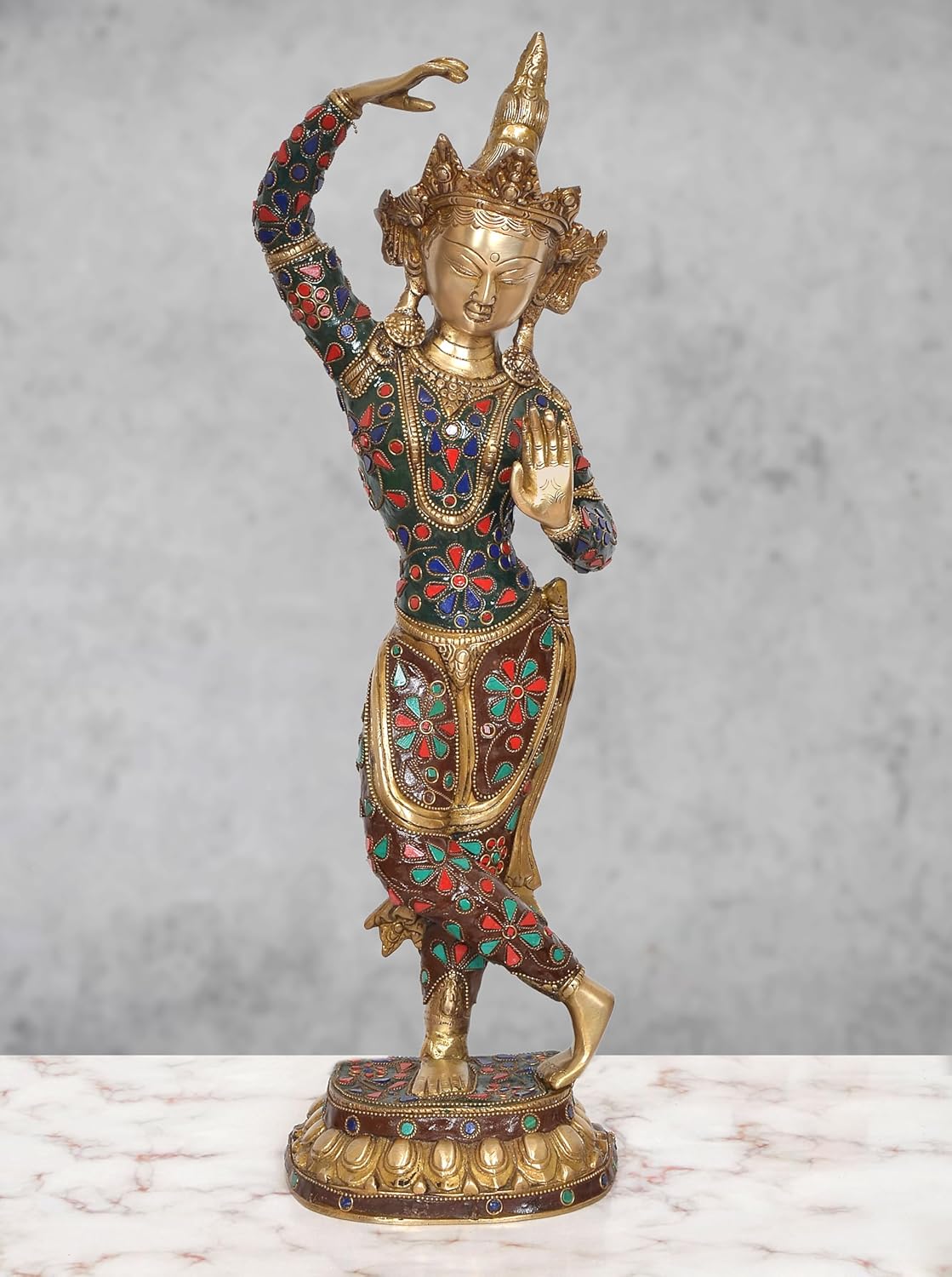 Brass Dancing Tara Devi statue, multicolor enamel, standing with raised arms