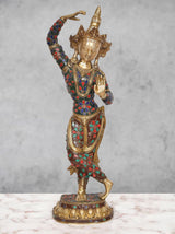 Brass Dancing Tara Devi statue, multicolor enamel, standing with raised arms