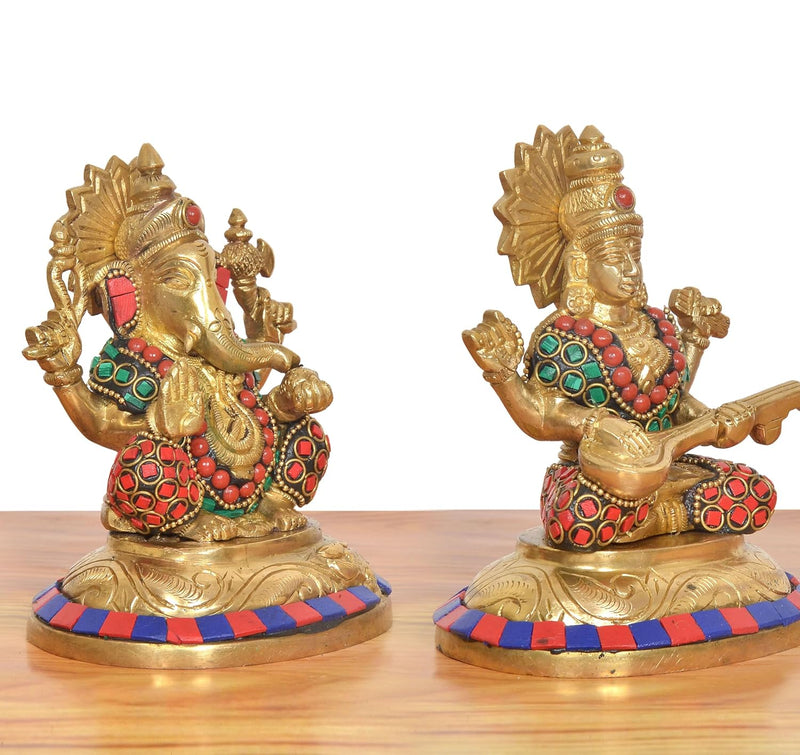 Brass Lakshmi Ganesha Statue - Handcrafted (Height: 5 Inch)