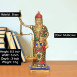 Lady Justice brass figurine holding balance scales, multicolor stone inlays