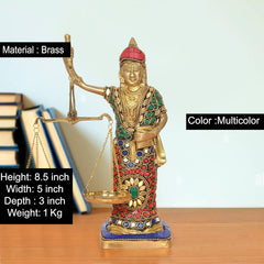 Lady Justice brass figurine holding balance scales, multicolor stone inlays