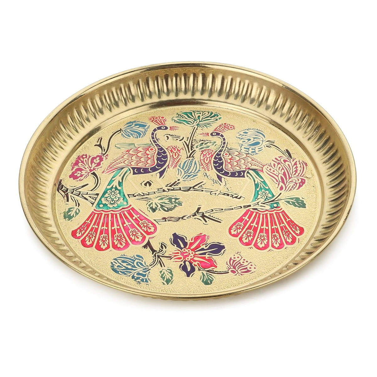 Pure brass thali with colorful peacock meenakari-style artwork and ridged rim