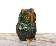 Side view brass owl decor with embossed feather pattern, gold eye and beak accents