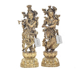 Brass Radha Krishna flute statue pair on lotus bases, standing figures, 15 in