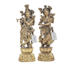Brass Radha Krishna flute statue pair on lotus bases, standing figures, 15 in