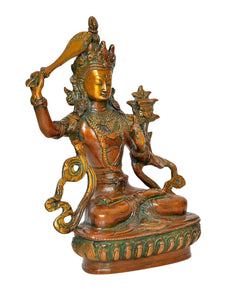 Brass Tara Devi statue, detailed face and headdress on circular base