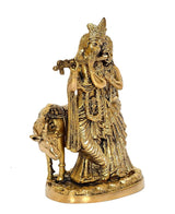 Brass Radha Krishna statue idol front view with Krishna holding a flute and Radha