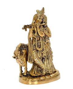 Brass Radha Krishna statue idol front view with Krishna holding a flute and Radha