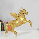 Gold brass winged flying horse statue with ornate armor, raised legs