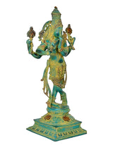 Krishna deity figurine sculpture with flute, turquoise and gold finish, standing on pedestal