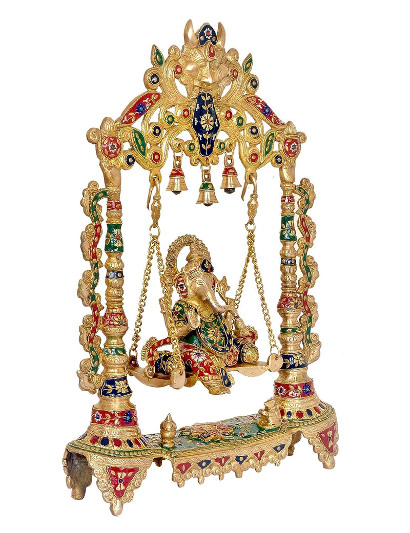 AONA Brass Ganesha Swing Statue Idol with Bells for Home Decor | Height : 27 Inches | Weight : 17 KG (Golden)