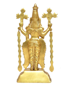 Brass Tirupati Bala Ji idol, back view with decorative backplate and four arms