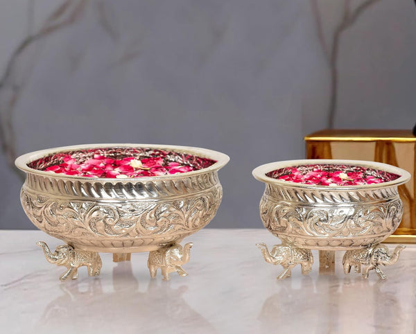 Brass Elephant with Urli Bowl - Traditional Decorative Centerpiece for Home and OfficeDecor | Set of 2 | (Height : 3 Inch)