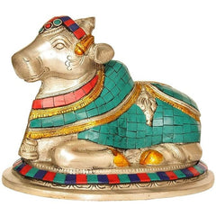 Brass Nandi idol, teal mosaic body, gold headpiece, striped base, 5.5 in