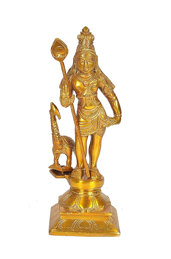 Golden brass Lord Kartikeya idol standing with murgan and peacock details