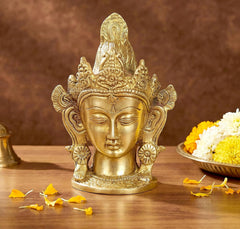 Brass head of seated Tara Devi deity with ornate crown, closed eyes, 5.5 in