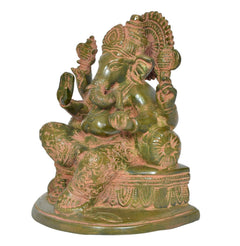 Brass green Ganesh sculpture, side view, seated pose with decorated patterns and base
