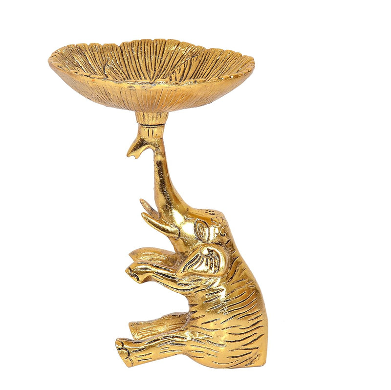 Metal Golden Elephant Dry Fruit Bowl Showpiece (Height 7 Inch)