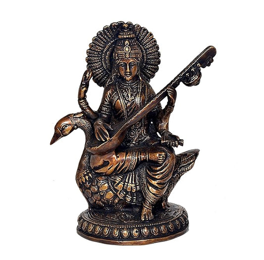 Brass Saraswati Idol On Swan Murti for Temple Home Decor | Height : 9 Inches (Multicolor)