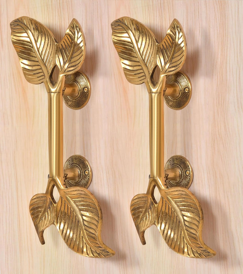 Brass Twin Leaf Design Door Handle Pair (Pack of 2) (Height : 13 inch)