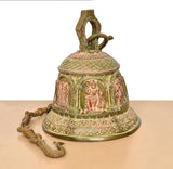 Brass hanging temple bell with side Ram Darbar figures, curved handle, beaded chain