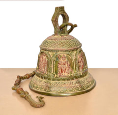 Brass hanging temple bell with side Ram Darbar figures, curved handle, beaded chain