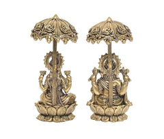 Brass Lakshmi and Ganesha statue pair with ornate chatri, rear side details