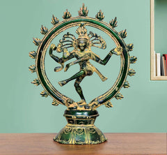 Brass Lord Shiva dancing figurine with green patina, encircled by multi-armed halo ring