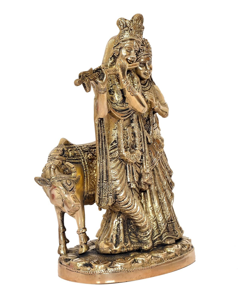 Brass Radha Krishna with Cow Idol Statue for Home Decor and Pooja Mandir Office Decor (Height 9.5 Inch)