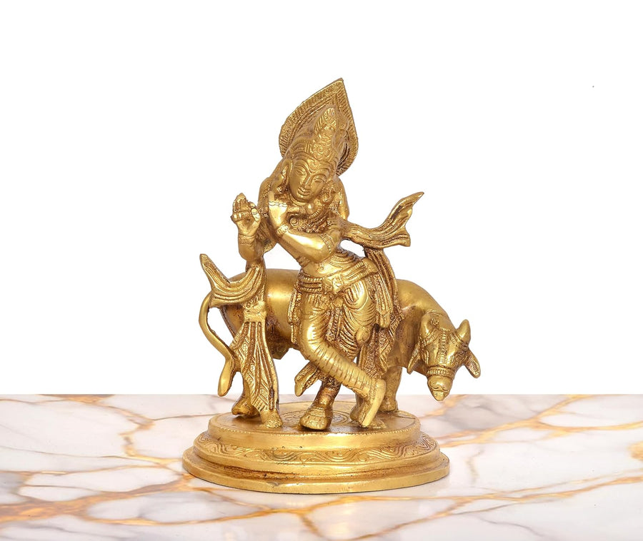 Brass Lord Krishna Playing Flute Statue with Cow (Height:6.5 Inch) Craft Detail