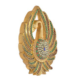 Brass peacock wall hanging side view with ornate fan border and jeweled belly