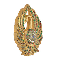 Brass peacock wall hanging side view with ornate fan border and jeweled belly