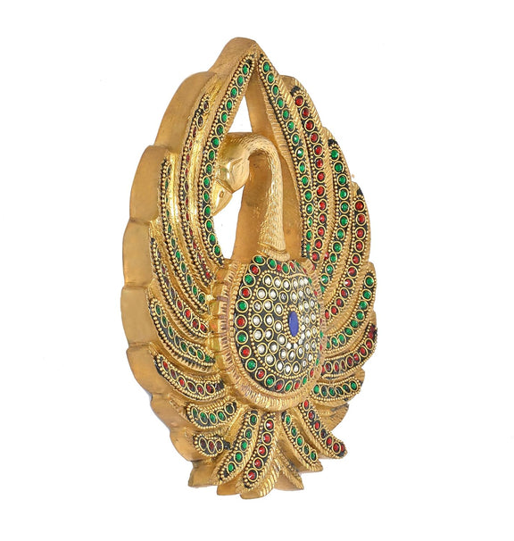 Brass peacock wall hanging side view with ornate fan border and jeweled belly