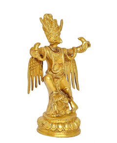 Brass Garun Bhagwan idol statue three-quarter view, raised arms, round pedestal