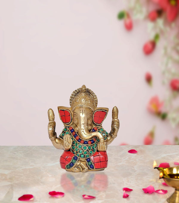 Brass Lord Ganesha Idol Ganesh Statue Decorative Sculpture for Home Decor Office Mandir Pooja Showpiece (Height 4.5 Inch) (Multicolor)