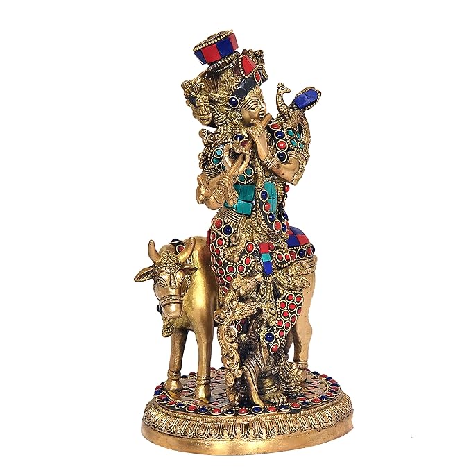 Brass Large Krishna Idol Playing Flute On Kamdhenu Cow Statue Showpiece Murti for Home Office Height 9.25 inches