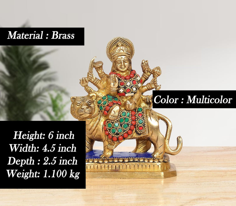 Brass Durga Maa with Lion Statue (Height: 6 Inch) (Multicolor)