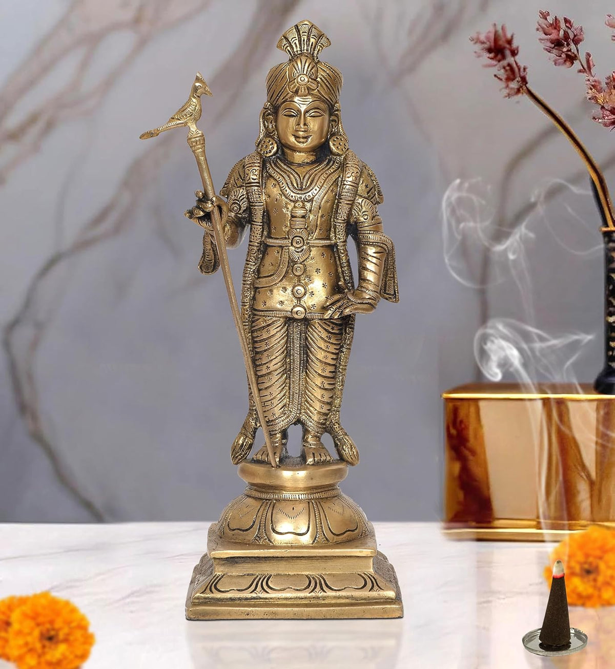 Brass Murugan standing figurine holding spear, golden pooja mandir decor, 12 in