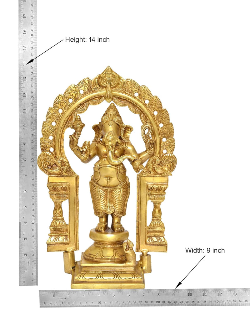 Brass Standing Ganapati Statue with Prabhavali Arch Ganesh Statue Decorative Sculpture for Home Decor Office Mandir Pooja Temple (Height 14 Inch)