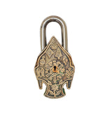 Back of brass Buddha face padlock with arched shackle