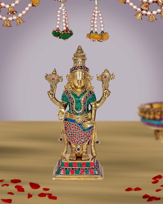 Tirupati Balaji Idol | Lord Venkateswara Idol Brass Statue for Home and Office | Mandir Pooja Murti | Home Décor Showpiece.(Multi Color) Height : 11 Inches