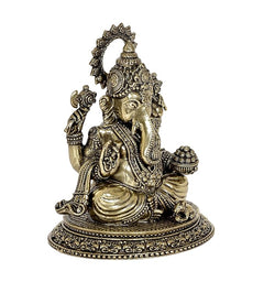 Brass Ganesha idol statue, seated pose with curved trunk and raised hands