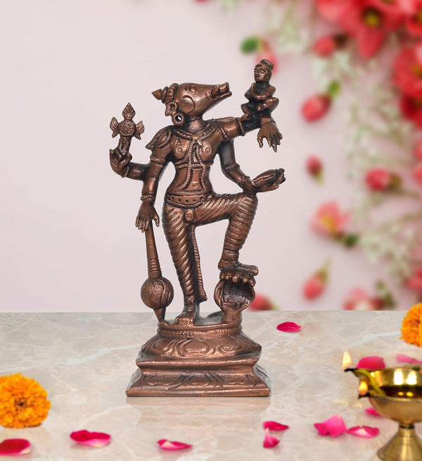 Copper Lakshmi Varaha Carrying Bhudevi Statue (Height: 5.5 Inch) Mandir Setting