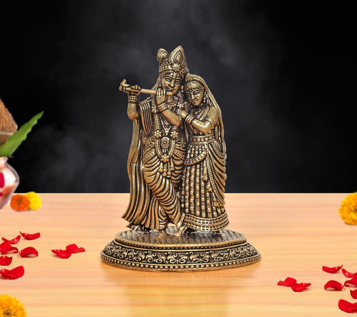 Superfine Brass Radha Krishna Idol Playing his Flute (Height:3 Inch)