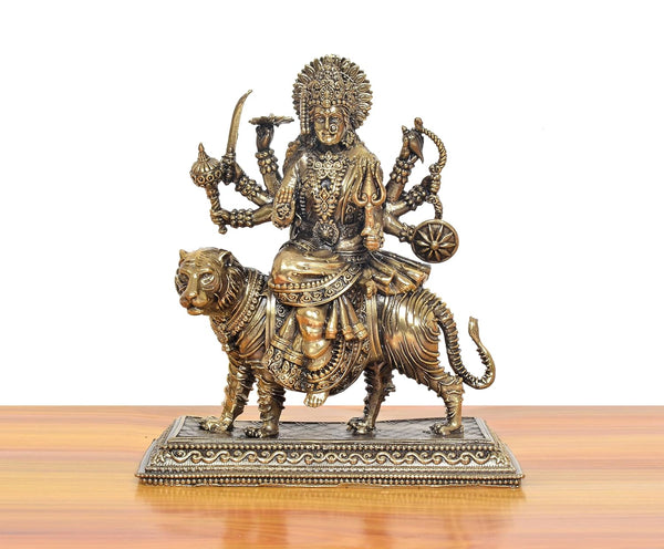 Superfine Brass Durga Maa Idol with Tiger (Height 7 Inch) Study Setting
