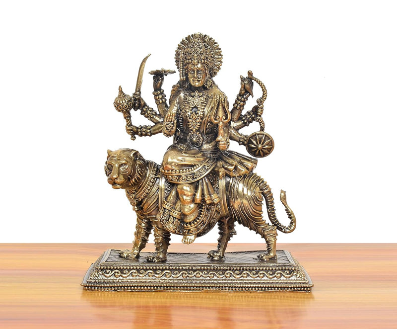 Bronze Durga Maa Idol with Tiger (Height 7 Inch)