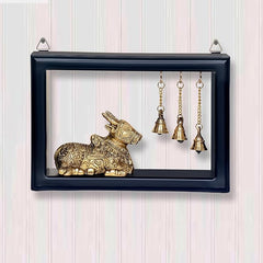 Brass Shiv Nandi wall hanging statue with bells, ornate golden finish, 9-inch height