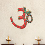 OM wall hanging in brass with red, teal, blue enamel and gem accents